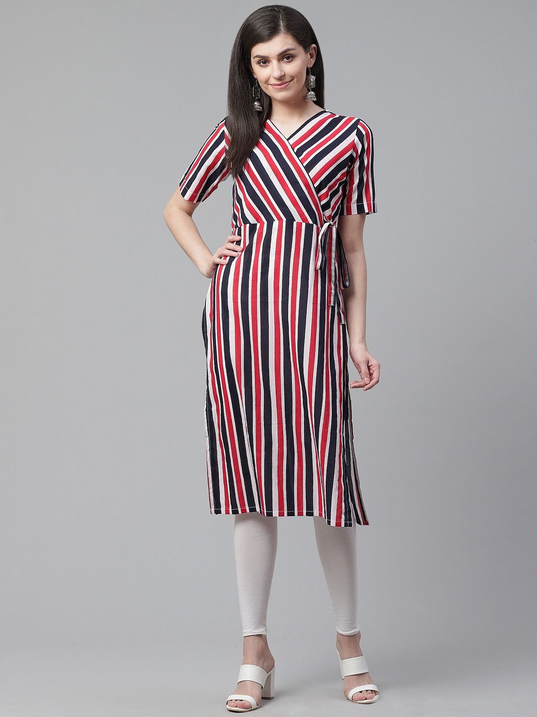 

KALINI Stripes Printed Angrakha Kurta, Red