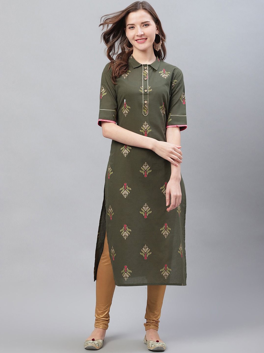 

KALINI Floral Printed Shirt Collar Cotton Kurta, Olive