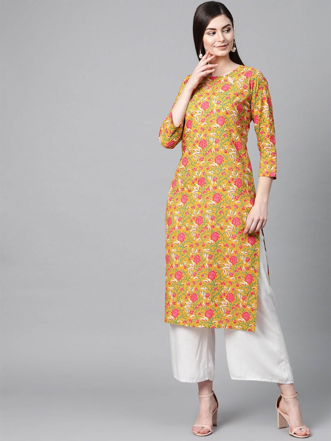 

KALINI Floral Printed Cotton Kurta, Mustard