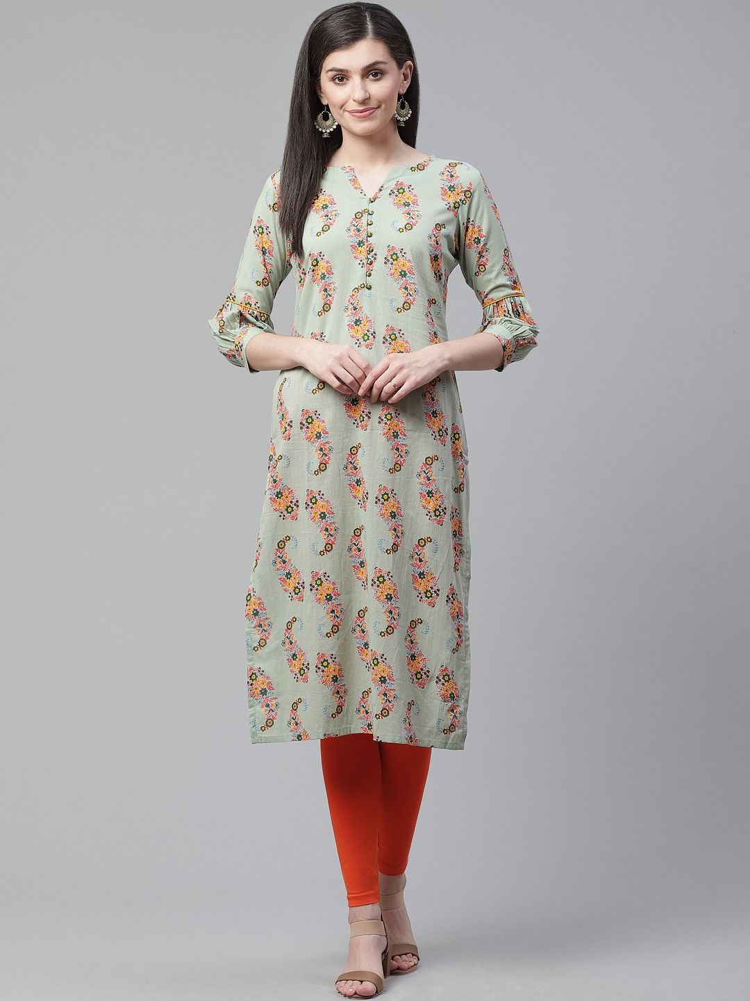

KALINI Floral Printed Round Neck Straight Kurta, Green