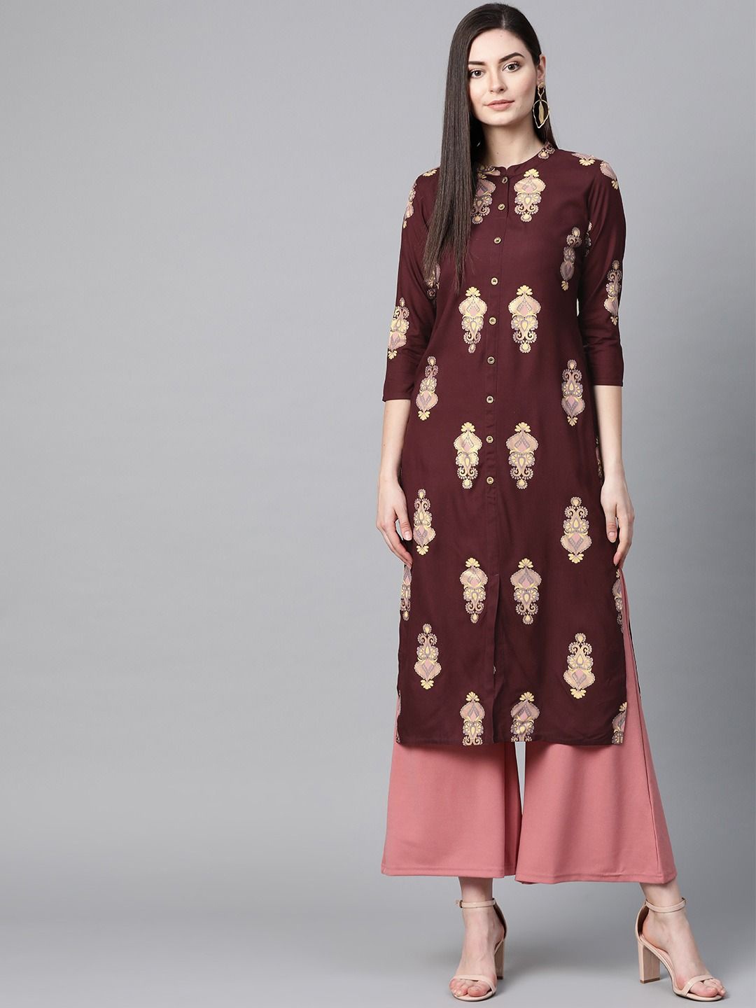 

KALINI Ethnic Motifs Printed Mandarin Collar Straight Kurta, Maroon