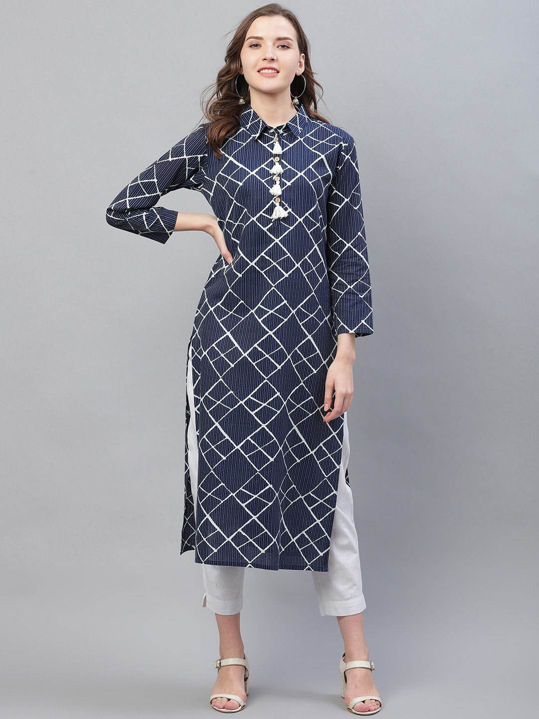 

KALINI Geometric Printed Shirt Collar Straight Kurta, Navy blue