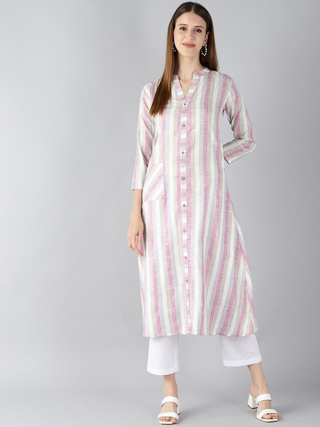 

KALINI Striped Printed Mandarin Collar Cotton Kurta, Off white