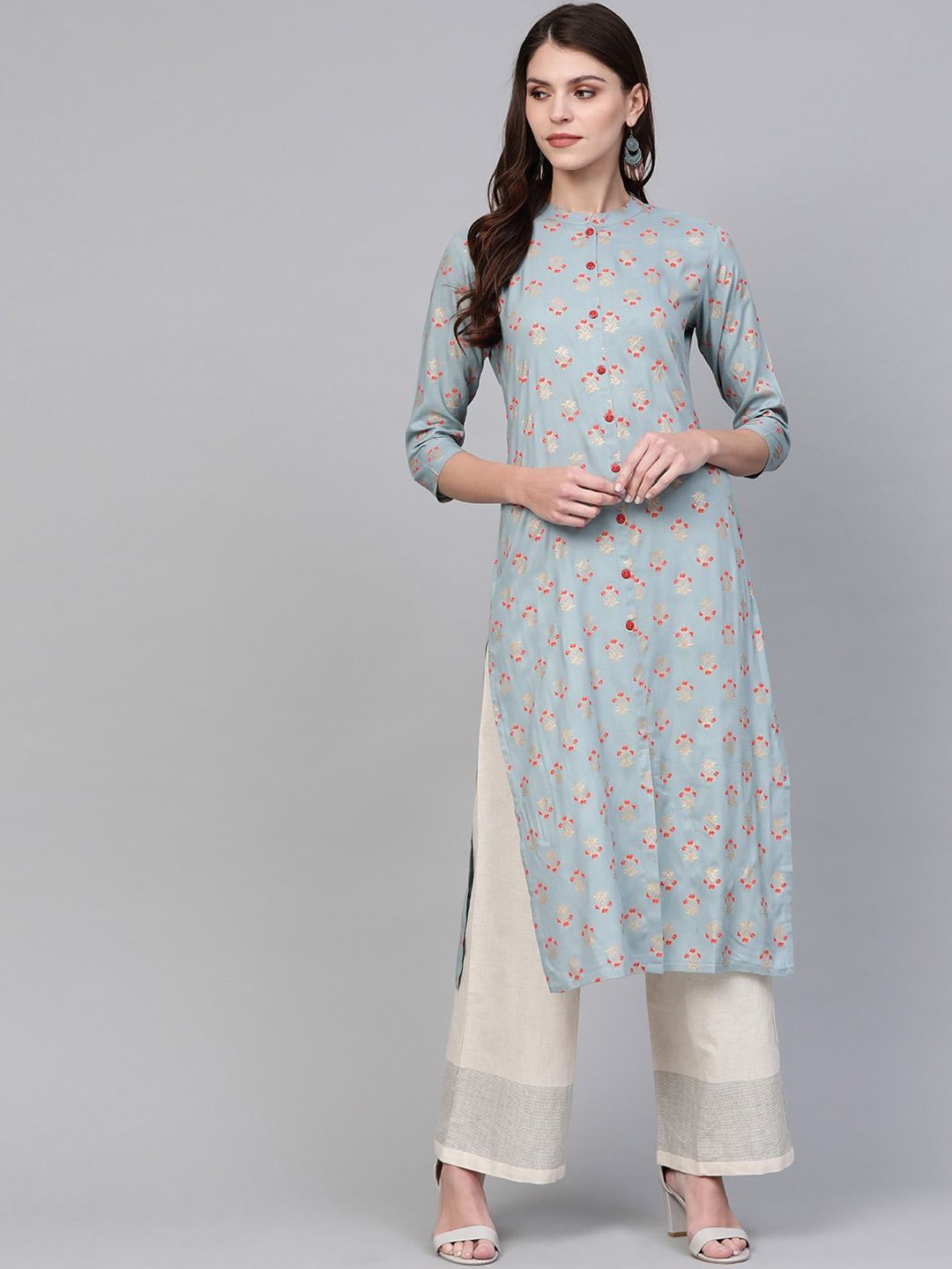 

KALINI Floral Printed Cotton Mandarin Collar Straight Kurta, Blue