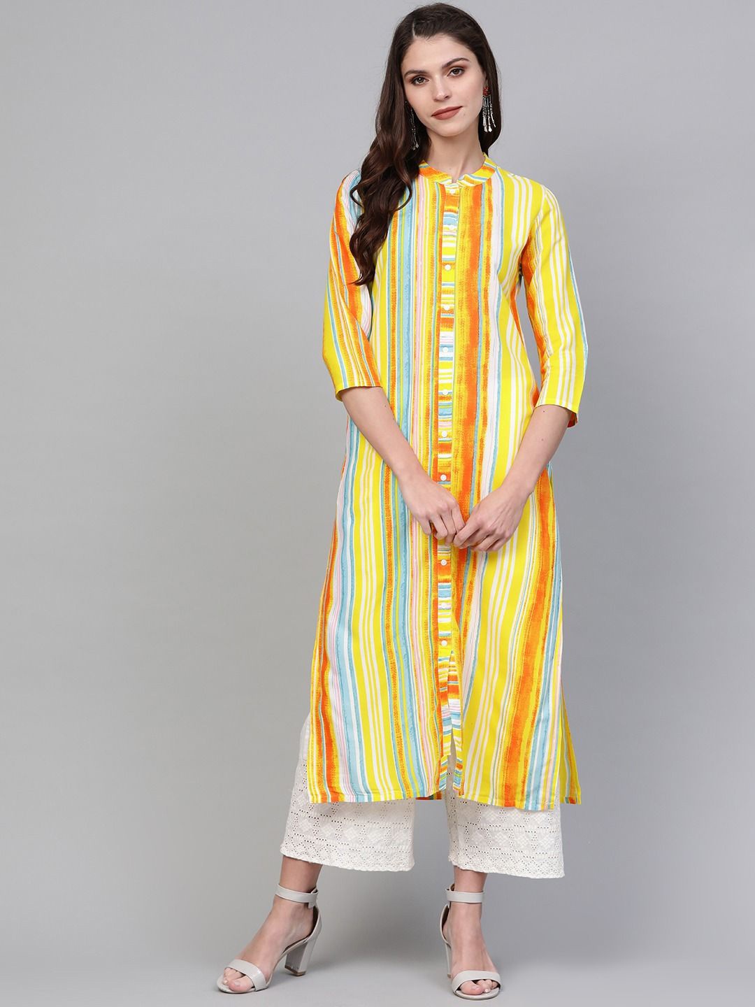 

KALINI Striped Printed Cotton Straight Kurta, Yellow