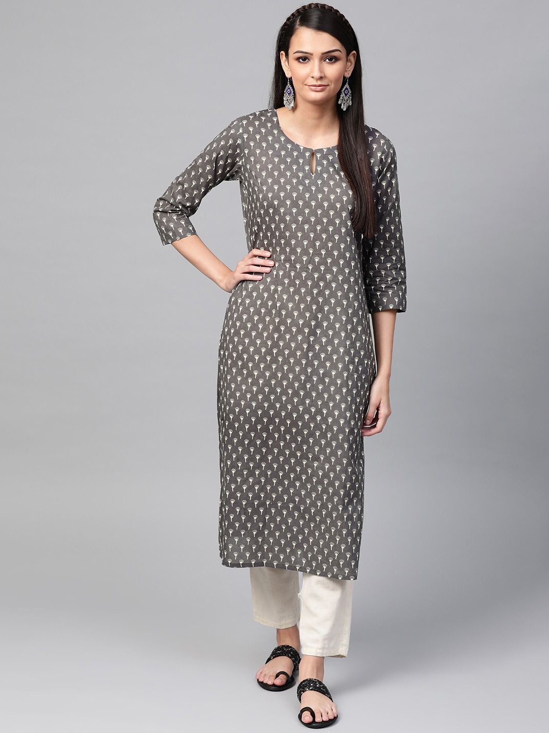 

KALINI Floral Printed Keyhole Neck Straight Kurta, Charcoal
