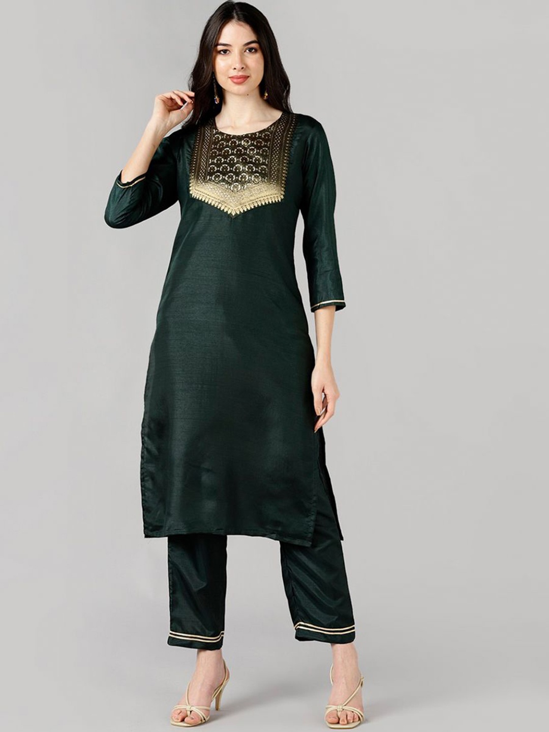 

KALINI Ethnic Motifs Yoke Design Round Neck Kurta, Green