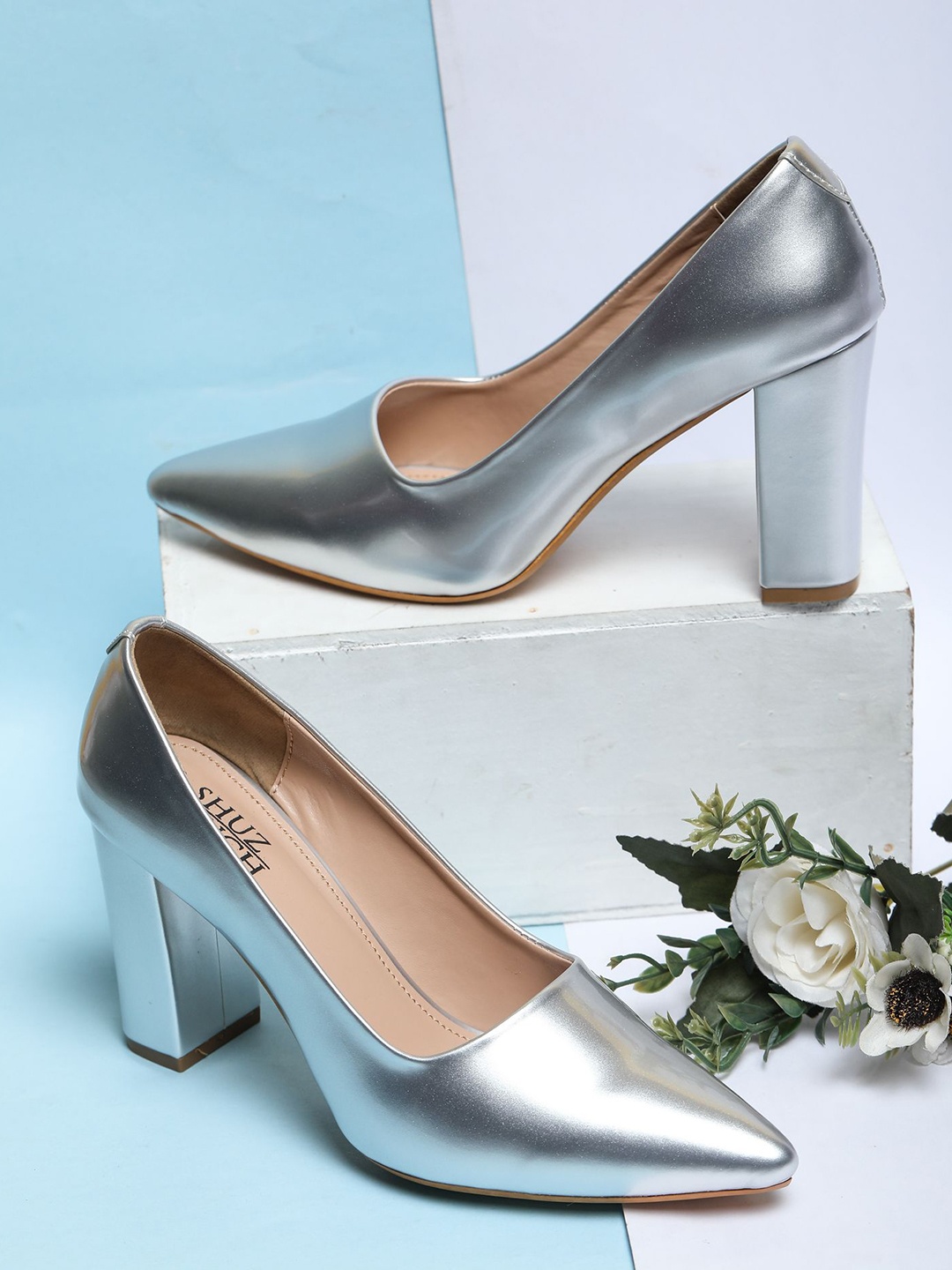 

SHUZ TOUCH Pointed Toe Block Pumps, Silver