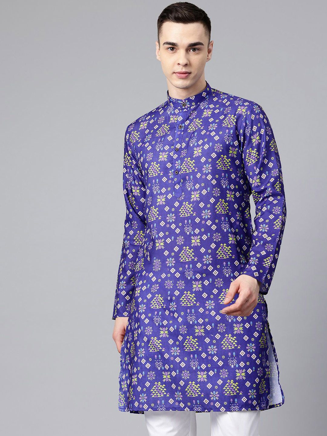 

Sangria Blue & White Geometric Printed Cotton Straight Kurta
