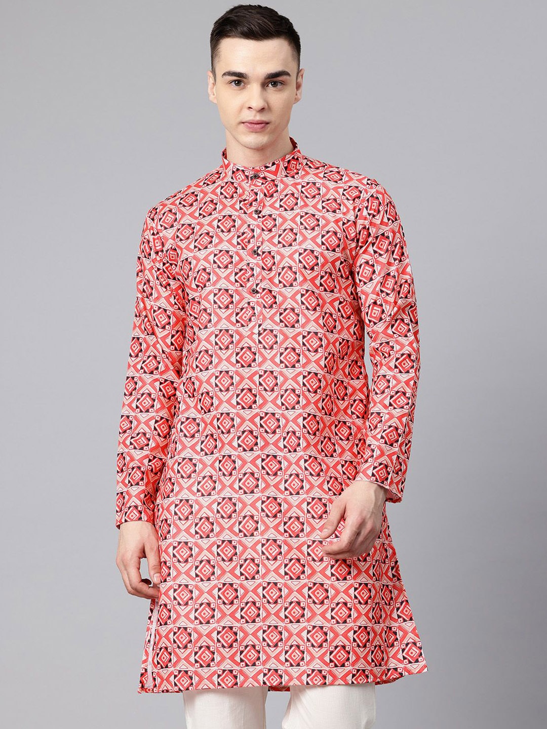 

Sangria Geometric Printed Mandarin Collar Cotton Straight Kurta, Red