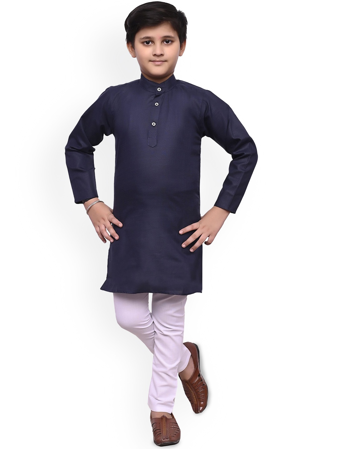 

BAESD Boys Band Collar Regular Straight Kurta With Pyjamas, Navy blue