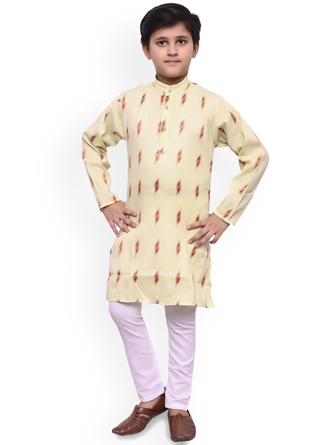 

BAESD Boys Woven Design Band Collar Regular Straight Kurta With Pyjamas, Orange