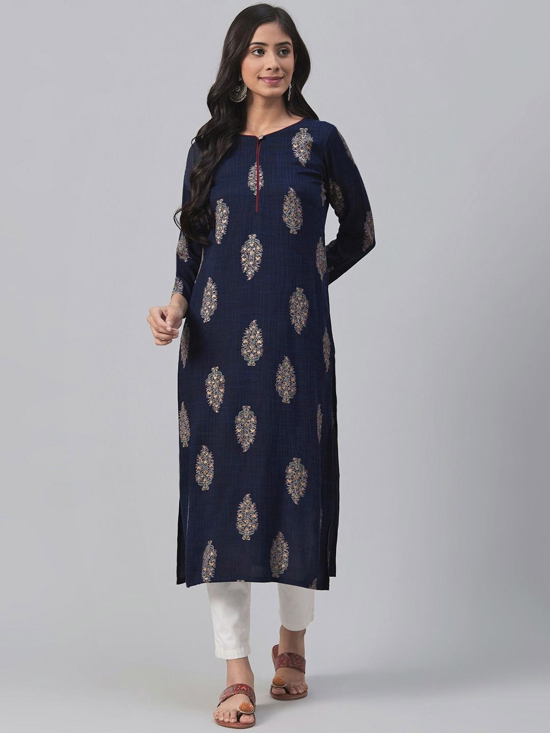 

KALINI Ethnic Motifs Woven Design Cotton Kurta, Navy blue