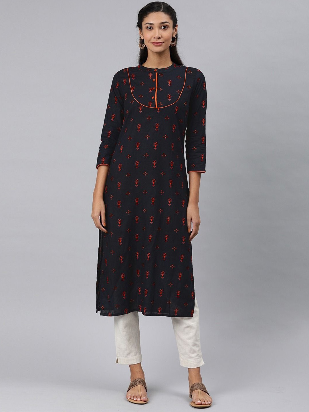 

KALINI Floral Printed Mandarin Collar Straight Kurta, Navy blue