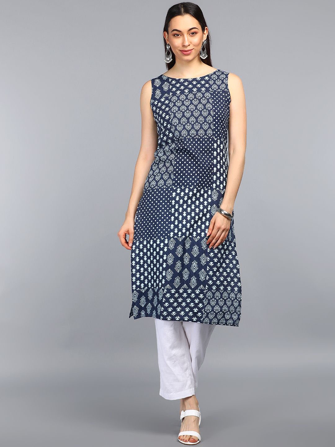 

KALINI Geometric Woven Design Cotton Kurta, Blue