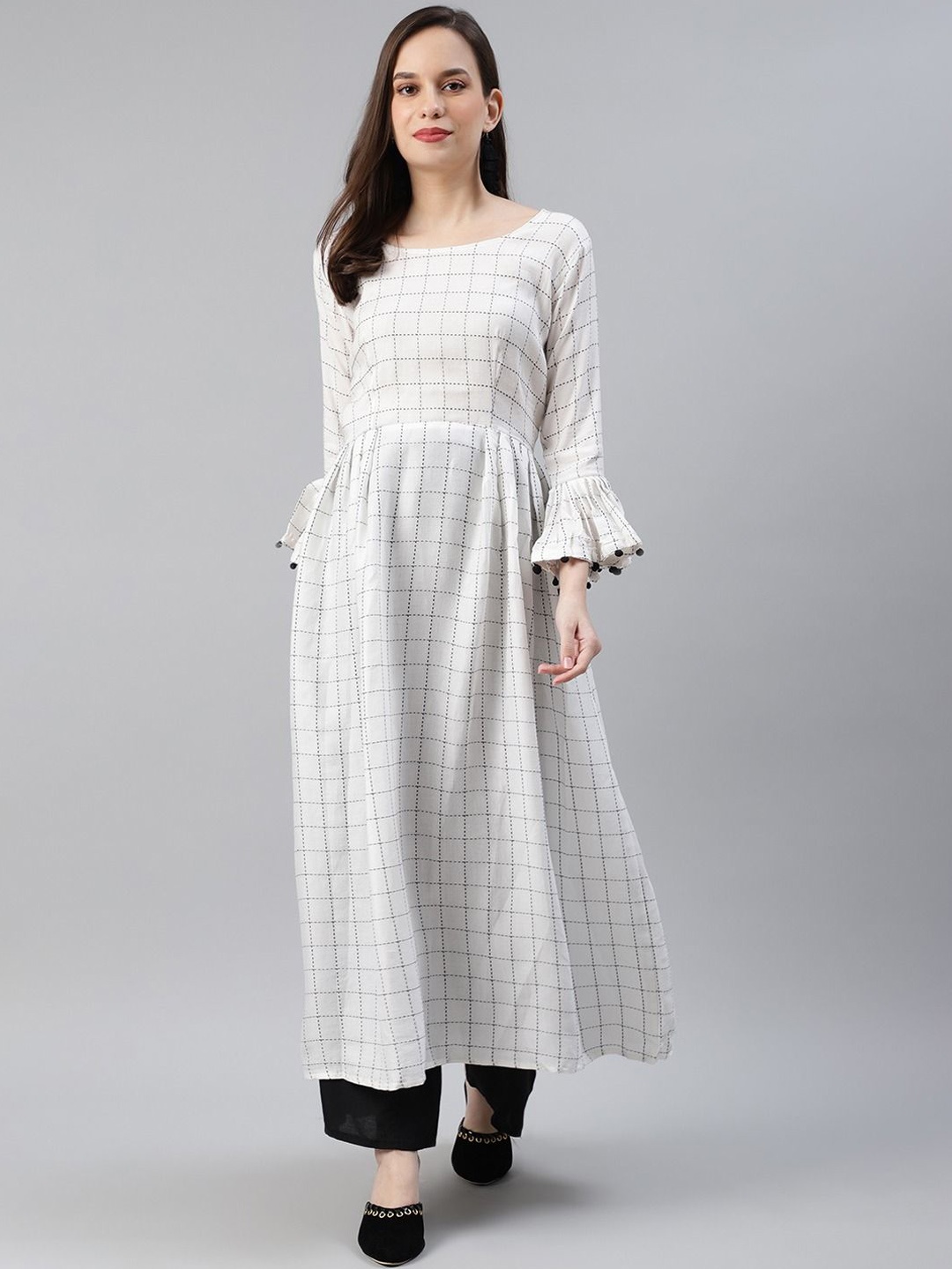 

KALINI Striped Printed Anarkali Cotton Kurta, Off white