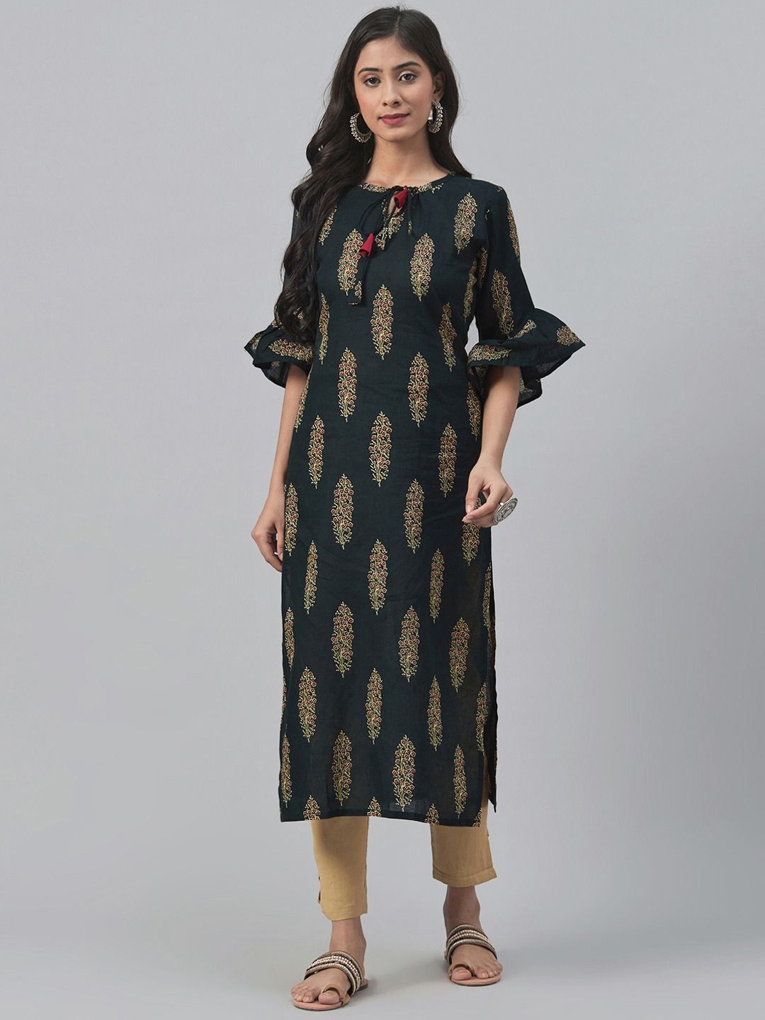 

KALINI Ethnic Motifs Printed Tie-Up Neck Bell Sleeves Straight Kurta, Green