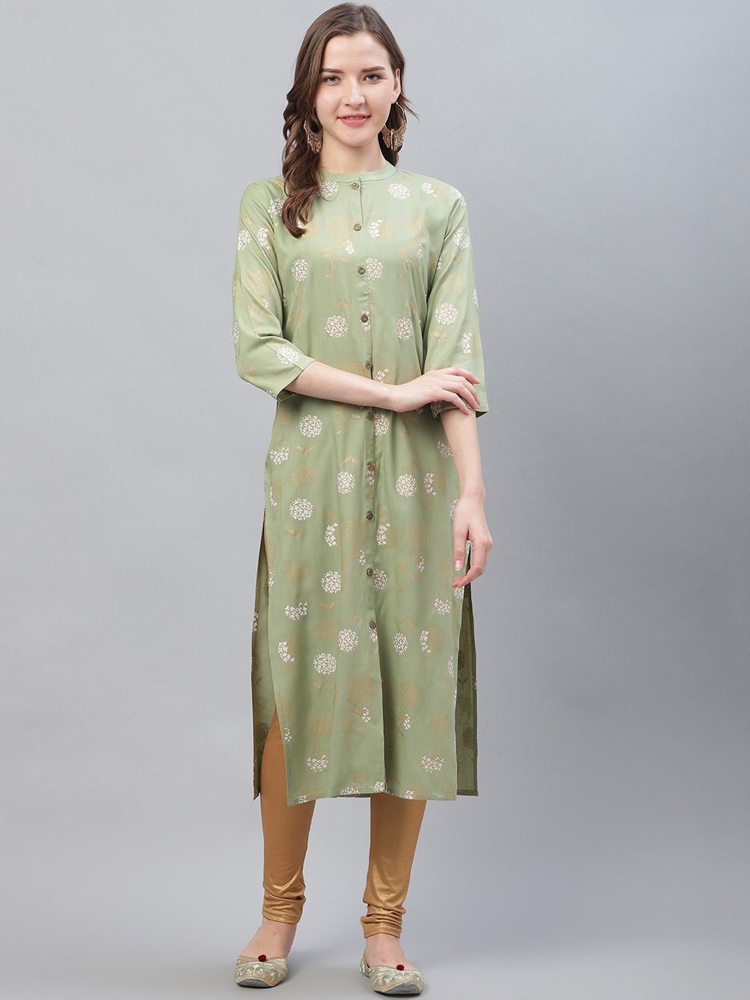 

KALINI Floral Printed Mandarin Collar Cotton Straight Kurta, Green