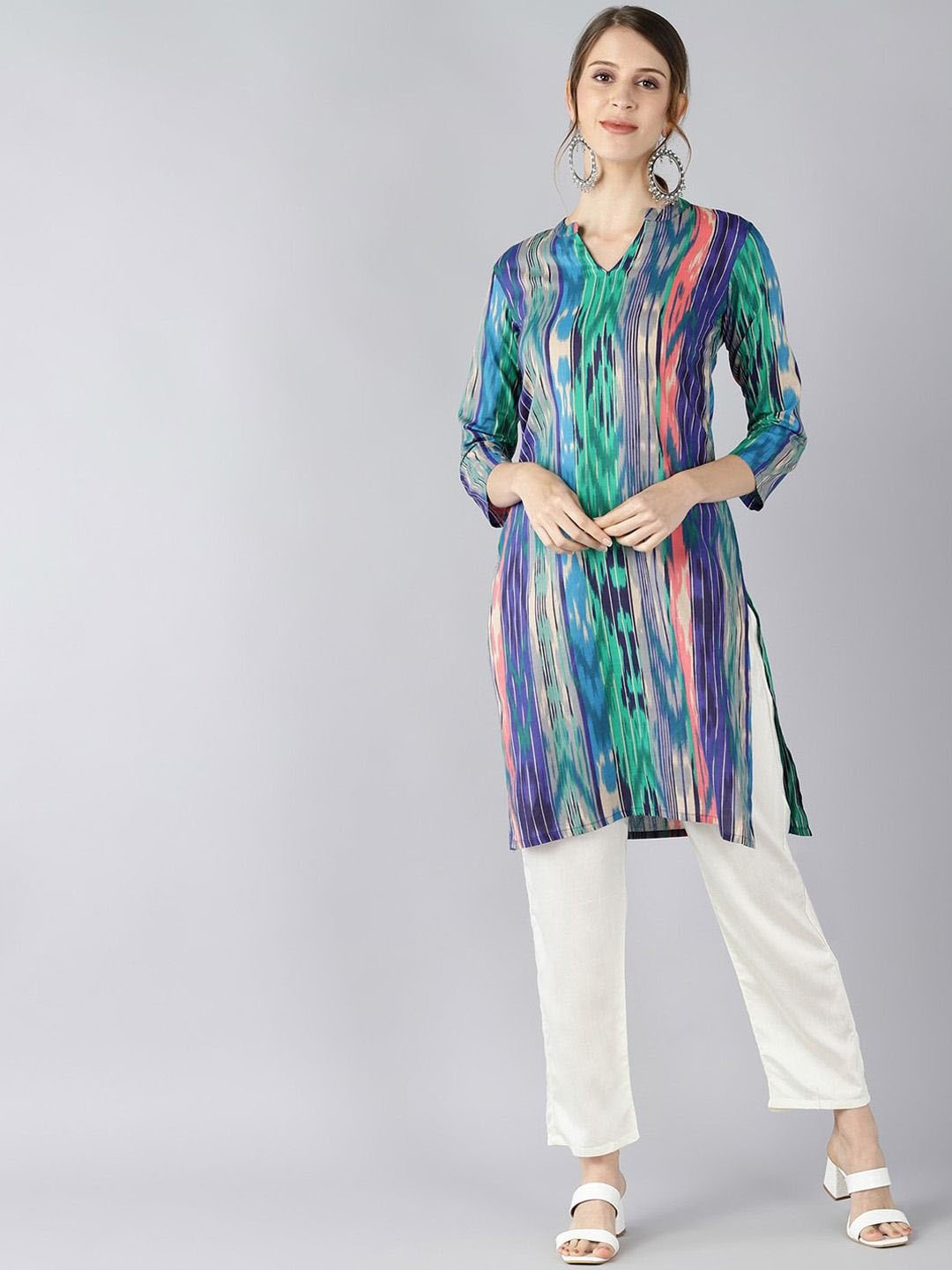 

KALINI Printed Mandarin Collar Cotton Straight Kurta, Blue