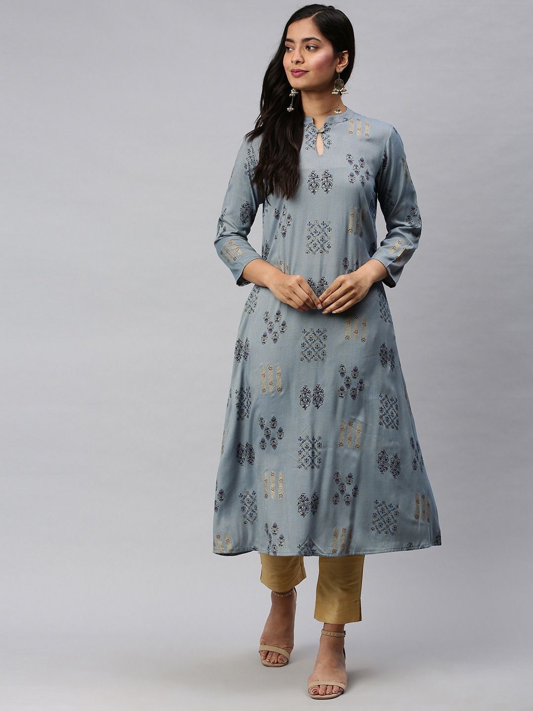 

KALINI Ethnic Motifs Printed Keyhole Neck Anarkali Kurta, Blue