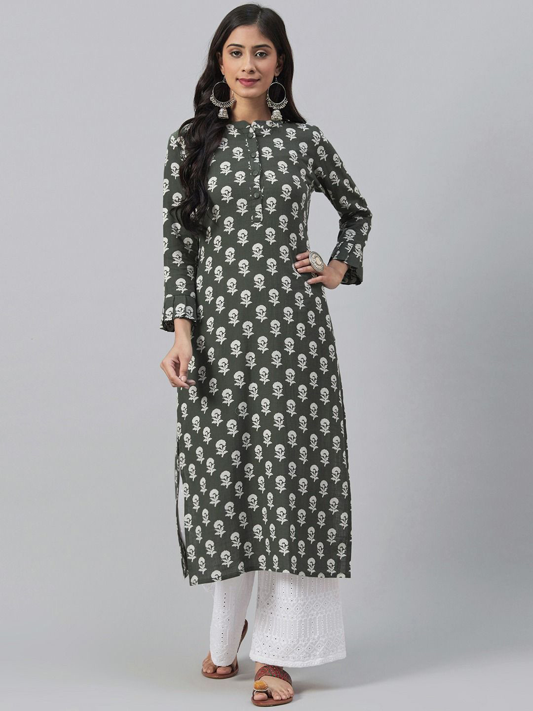 

KALINI Floral Woven Design Mandarin Collar Kurta, Green