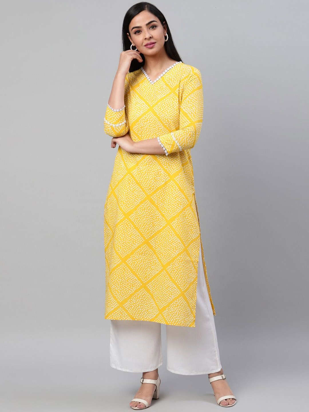 

KALINI Bandhani Printed Cotton Kurta, Yellow