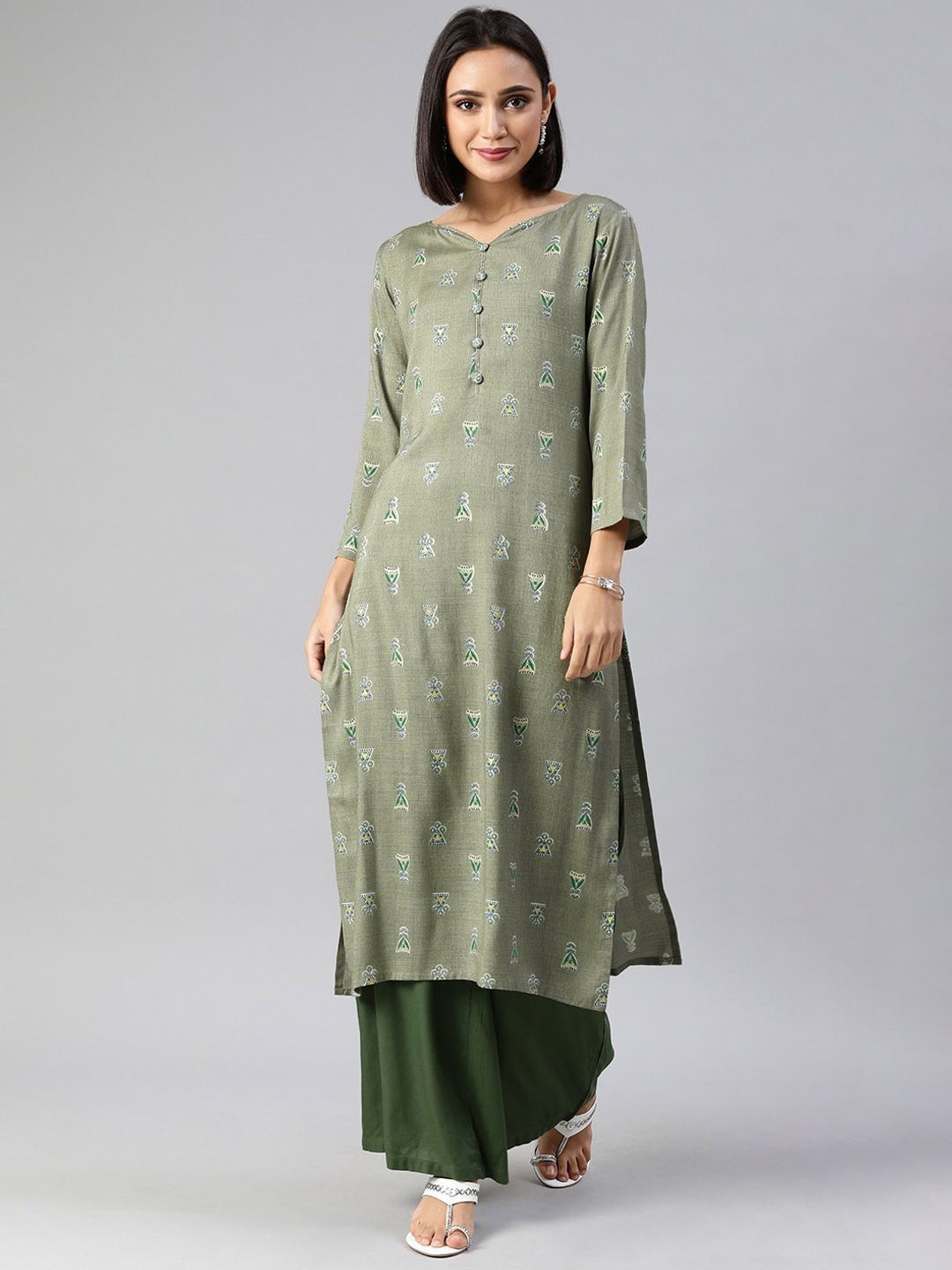 

KALINI Ethnic Motifs Printed Cotton Kurta, Olive
