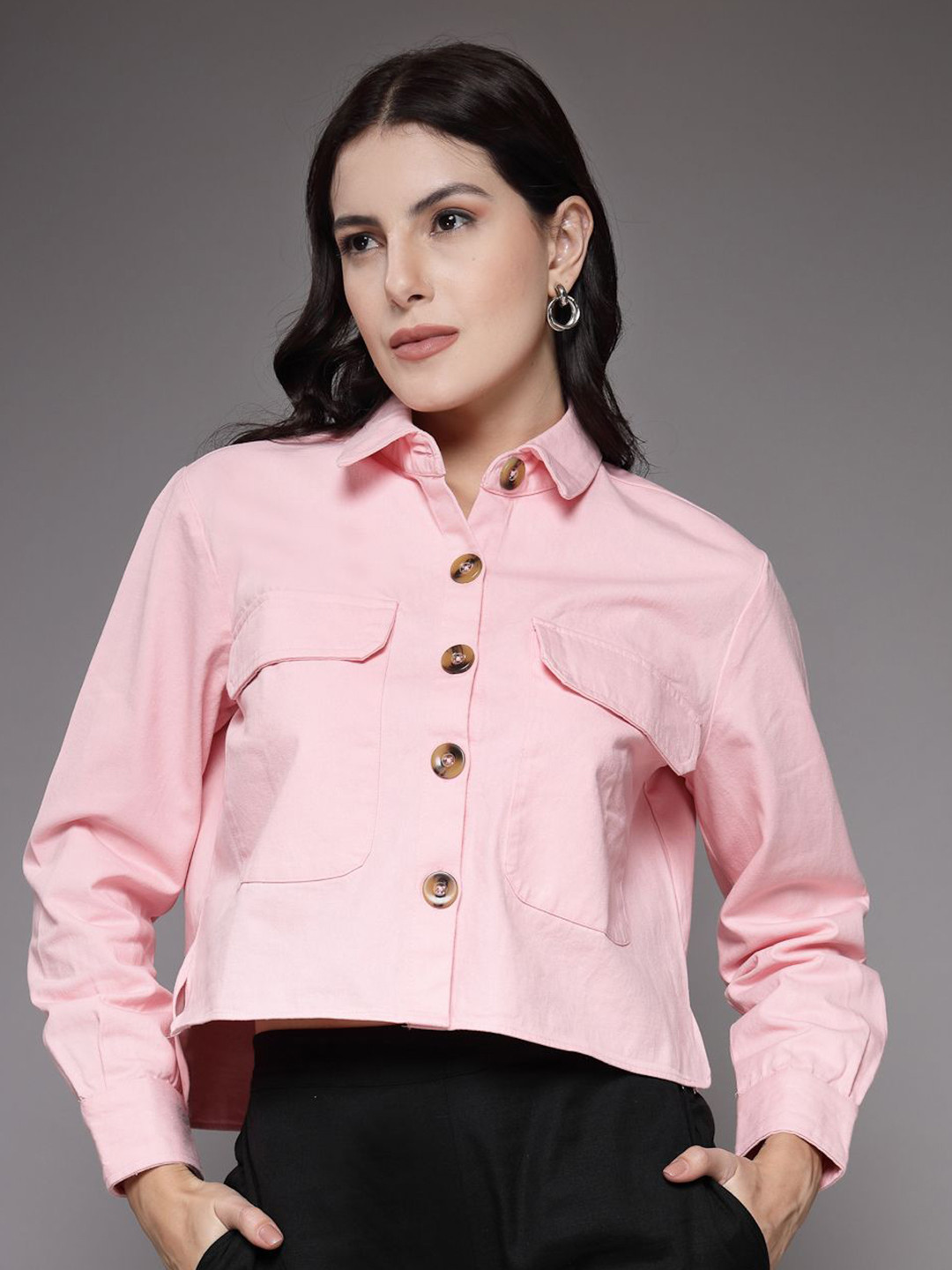 

The Roadster Lifestyle Co. Women Solid Classic Pure Cotton Pockets Relaxed-Fit Shirt, Pink