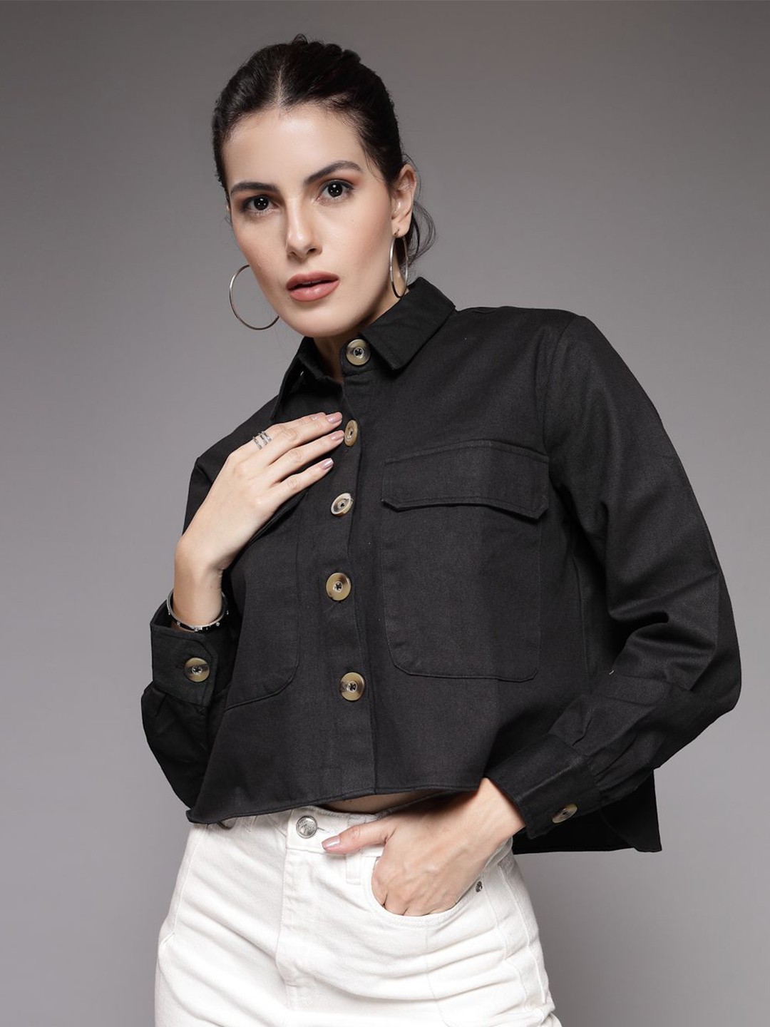 

The Roadster Lifestyle Co. Women Classic Solid Relaxed Fit Cotton Shirt, Black