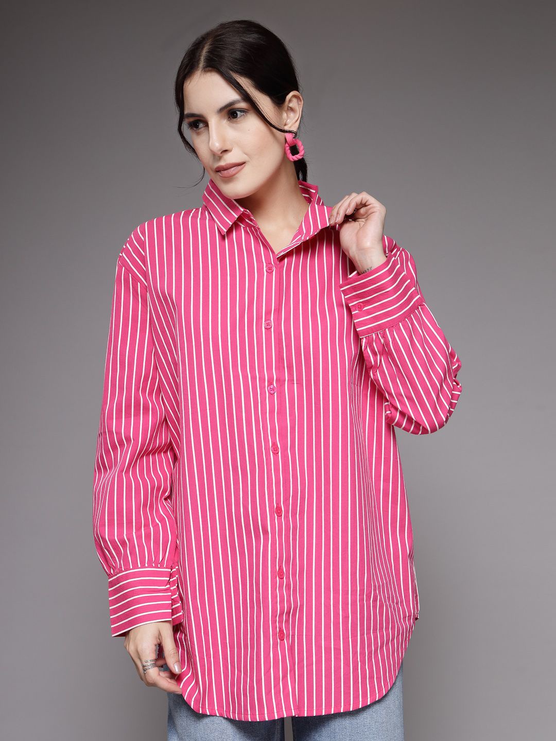 

The Roadster Lifestyle Co. Women Comfort Striped Oversized Pure Cotton Casual Shirt, Pink