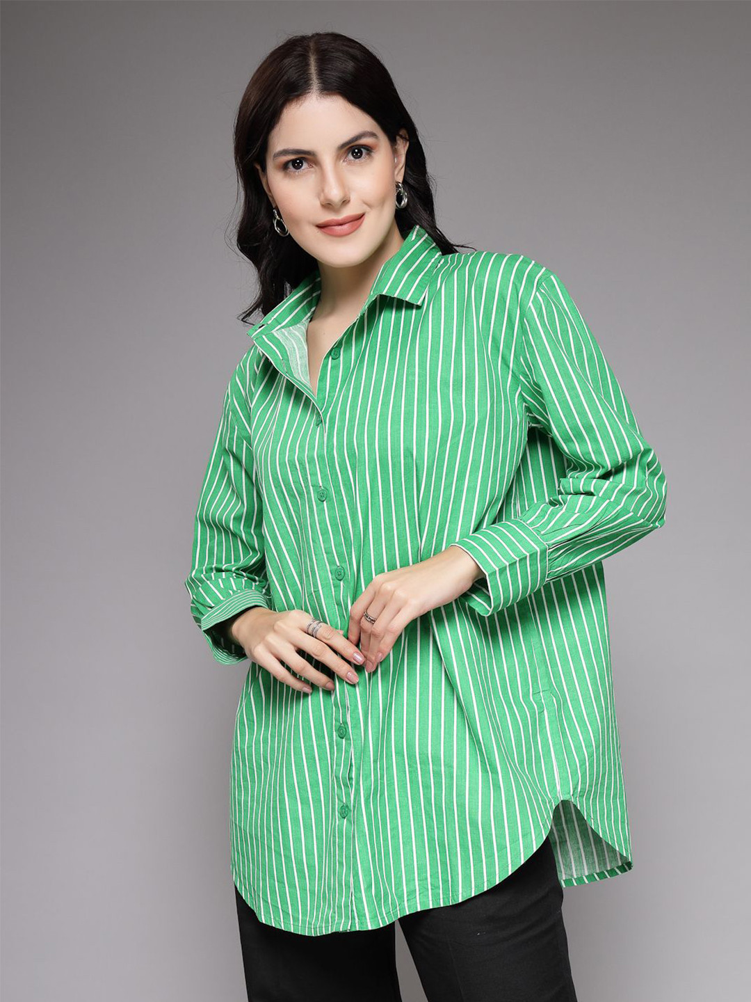 

The Roadster Lifestyle Co. Women Comfort Striped Oversized Pure Cotton Casual Shirt, Green