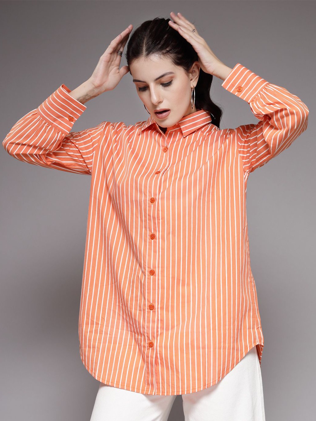 

The Roadster Lifestyle Co. Women Comfort Striped Pure Cotton Oversized Shirt, Orange
