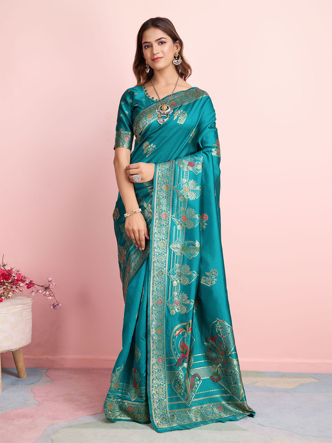 

RICH & ROMAN Ethnic Motif Zari Woven Pure Silk Saree, Teal