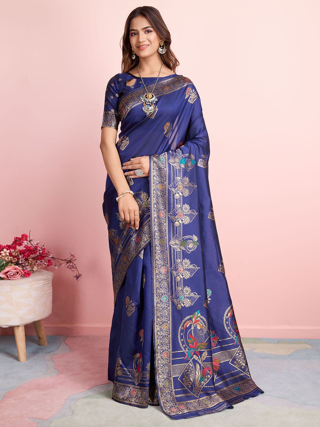 

RICH & ROMAN Ethnic Motif Zari Woven Pure Silk Saree, Blue