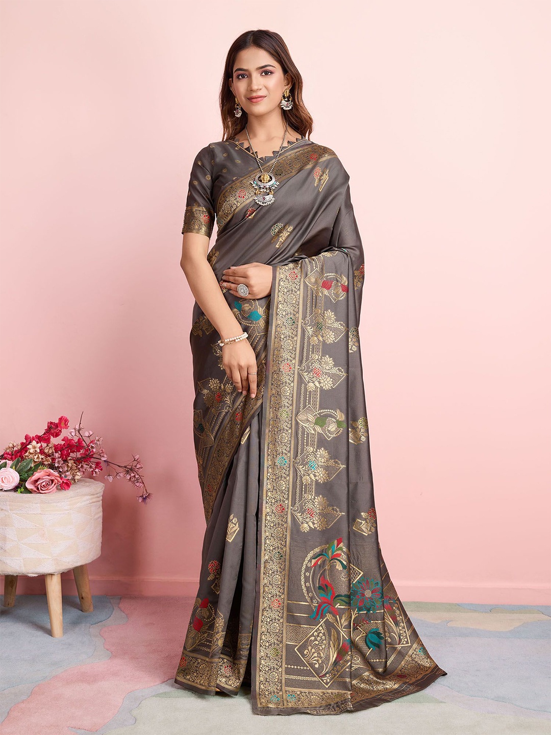 

RICH & ROMAN Woven Design Zari Pure Silk Banarasi Saree, Grey