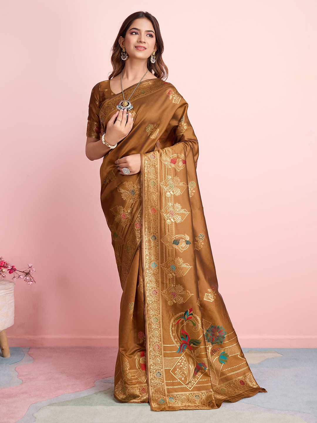 

RICH & ROMAN Ethnic Motifs Zari Pure Silk Banarasi Saree, Mustard