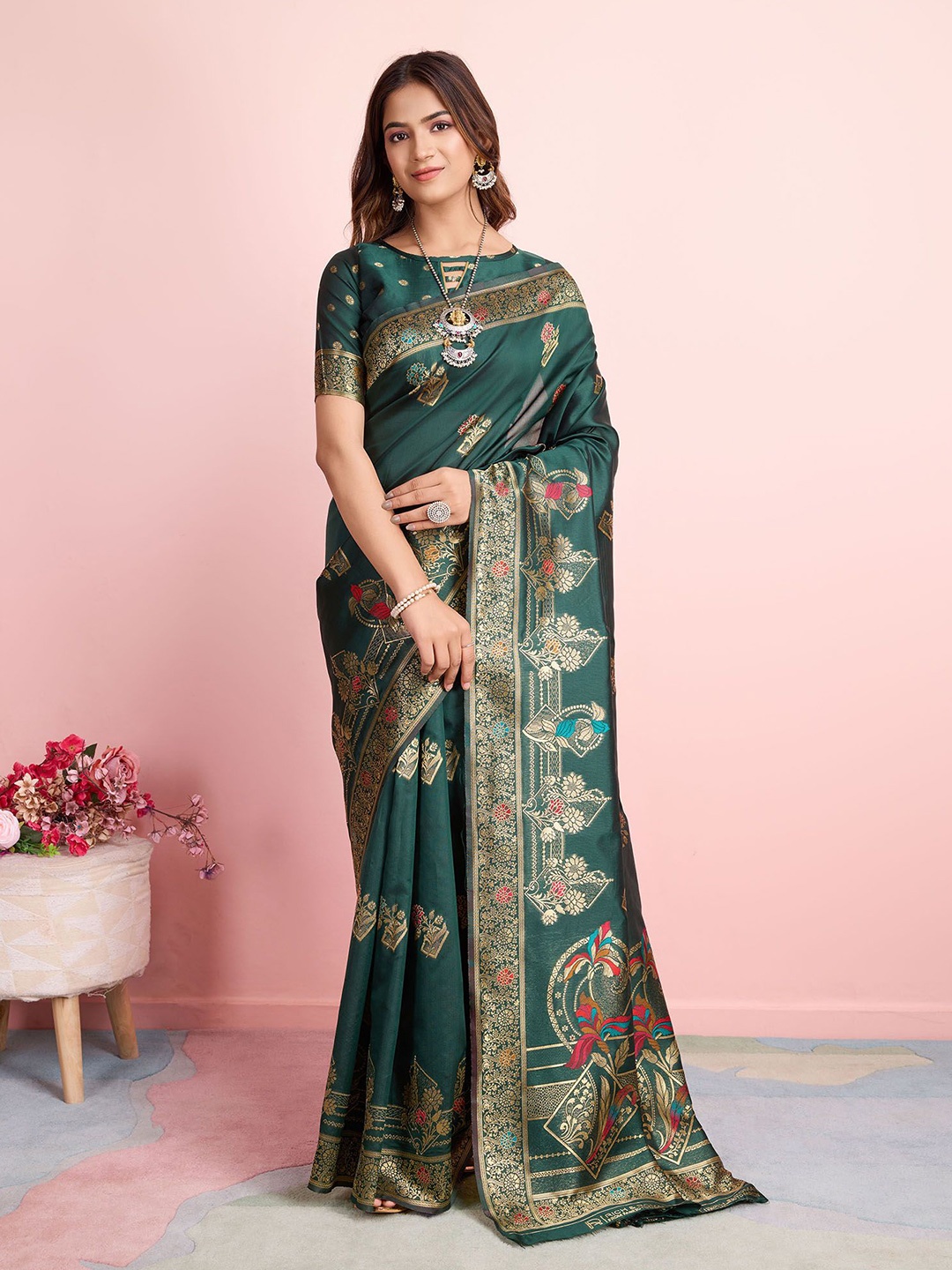 

RICH & ROMAN Ethnic Motifs Zari Pure Silk Banarasi Saree, Green