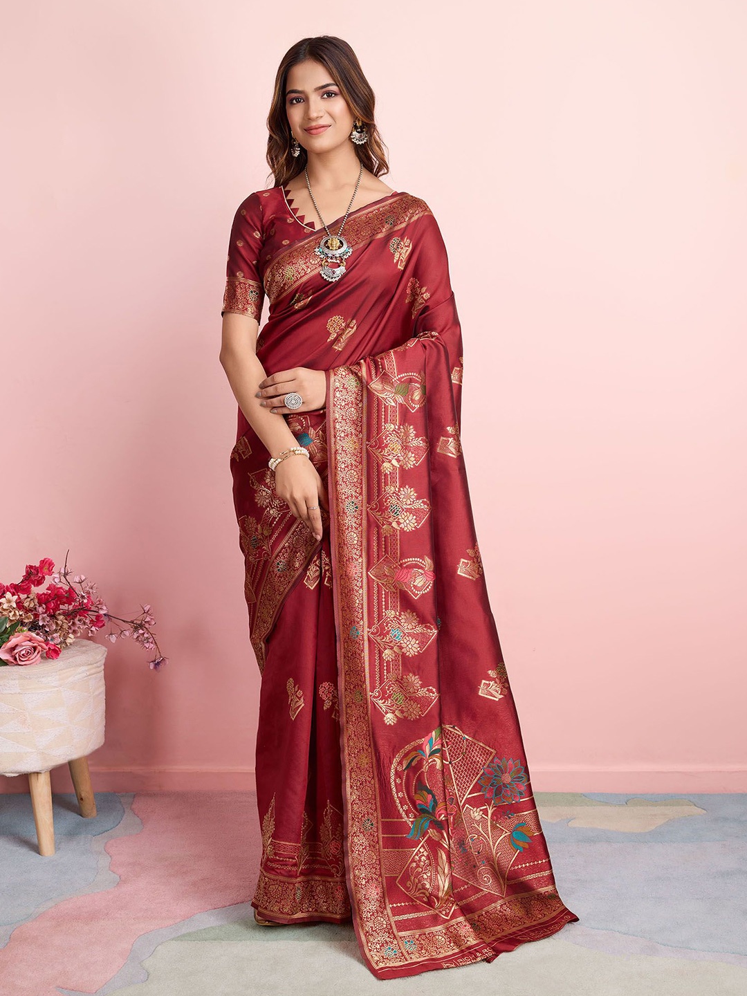 

RICH & ROMAN Ethnic Motifs Woven Design Zari Pure Silk Banarasi Saree, Maroon