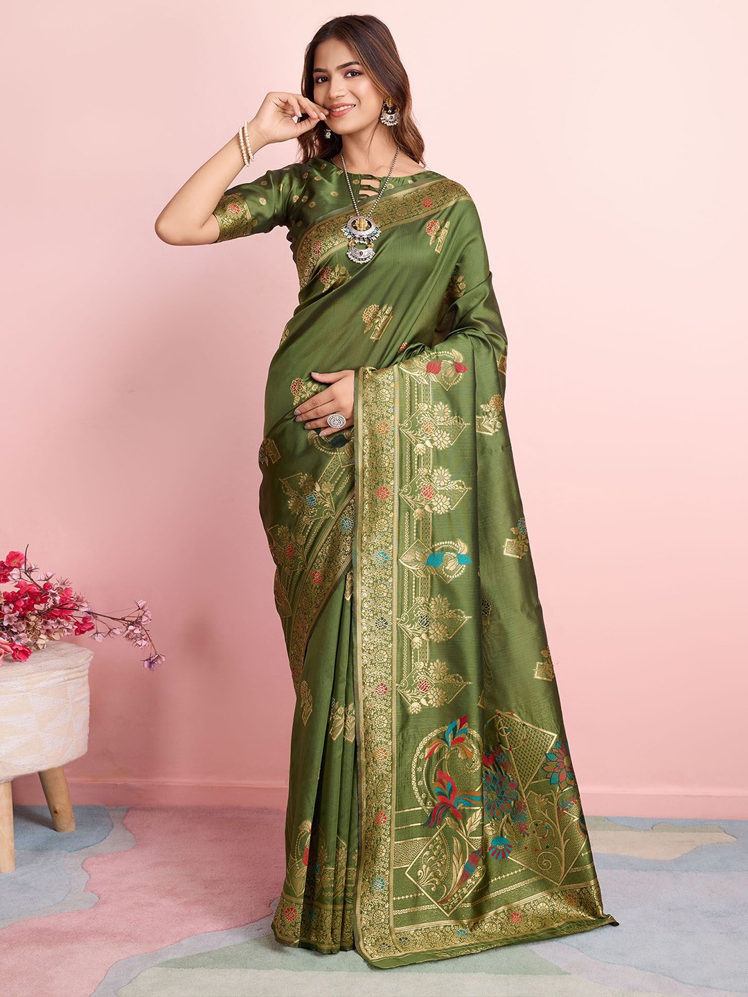 

RICH & ROMAN Ethnic Motifs Zari Pure Silk Banarasi Saree, Olive
