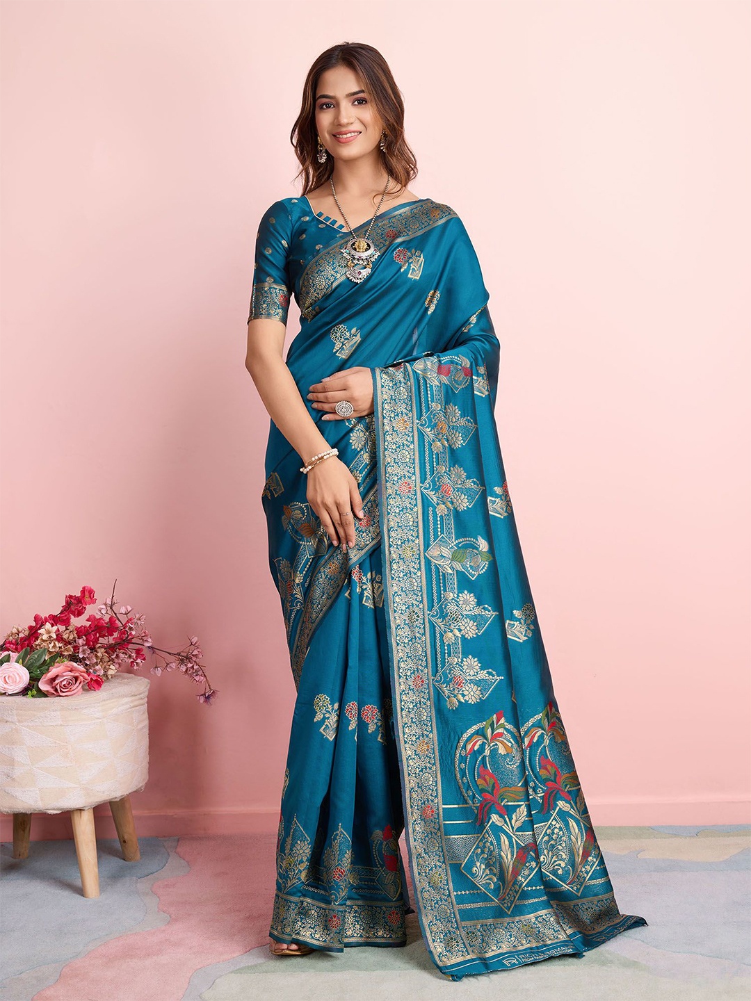

RICH & ROMAN Woven Design Zari Pure Silk Banarasi Saree, Teal