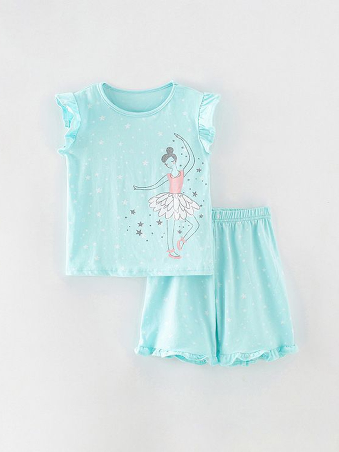 

StyleCast Girls Turquoise Blue Printed Pure Cotton Top With Shorts