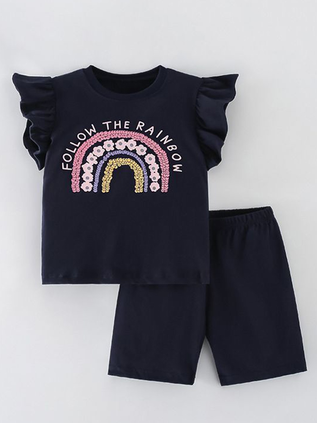 

StyleCast Girls Navy Blue & Pink Printed Pure Cotton Top with Shorts