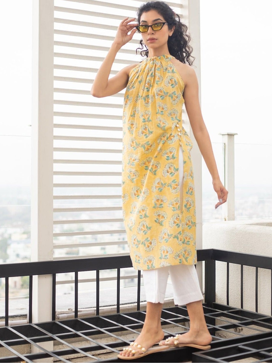 ANUVAS Floral Printed Halter Neck Cotton A-Line Kurta, Yellow