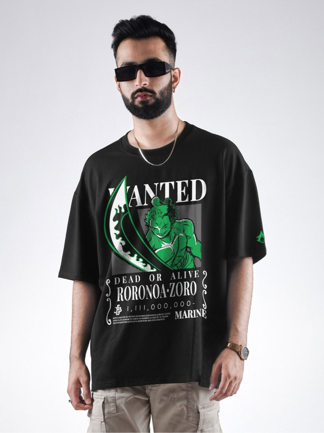 

COMICSENSE One Piece Anime Pirate Hunter Zoro Printed Cotton Oversized T Shirt, Black