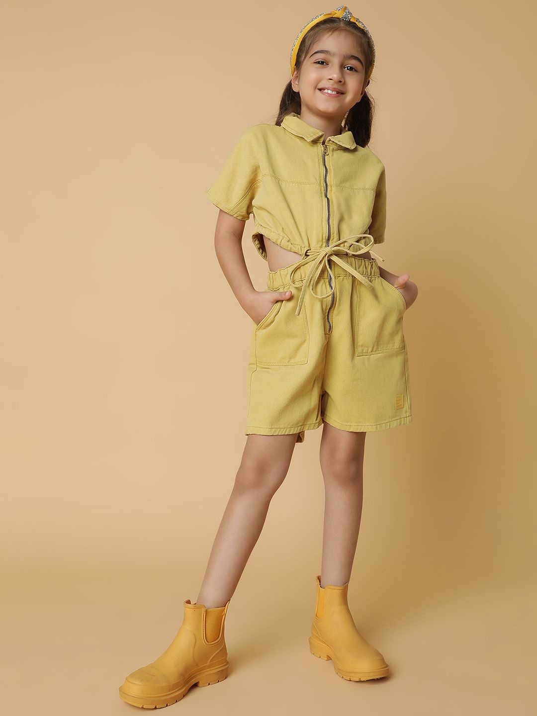 

TALES & STORIES Girls Shirt Collar Cotton Playsuit, Mustard