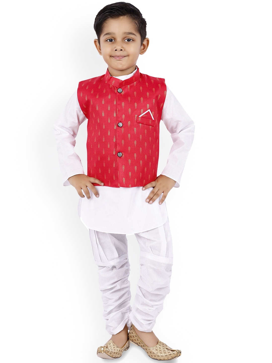 

BAESD Boys Mandarin Collar Regular Straight Kurta With Pyjamas & Jacket, White