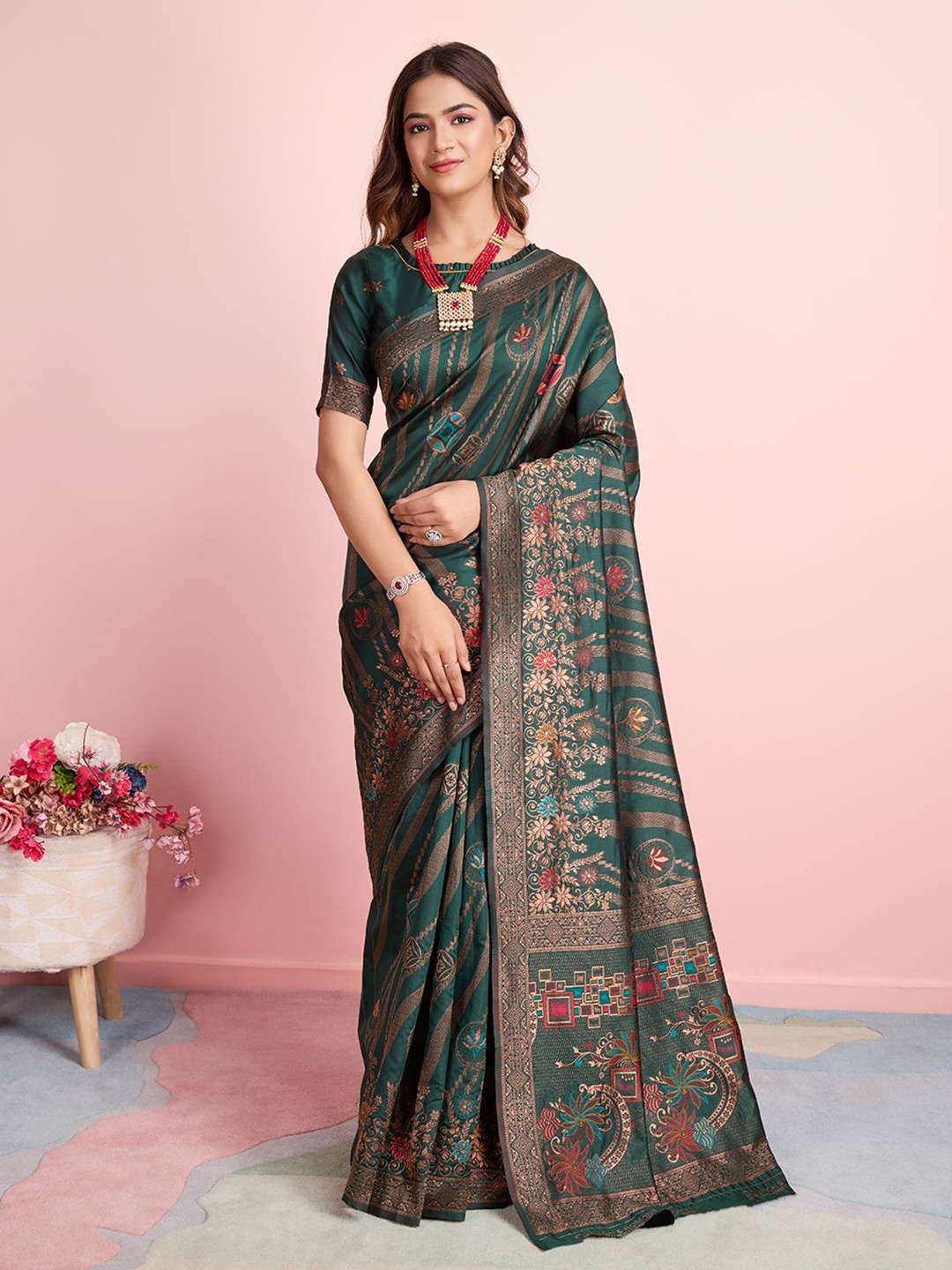 

RICH & ROMAN Woven Design Zari Pure Silk Banarasi Saree, Green