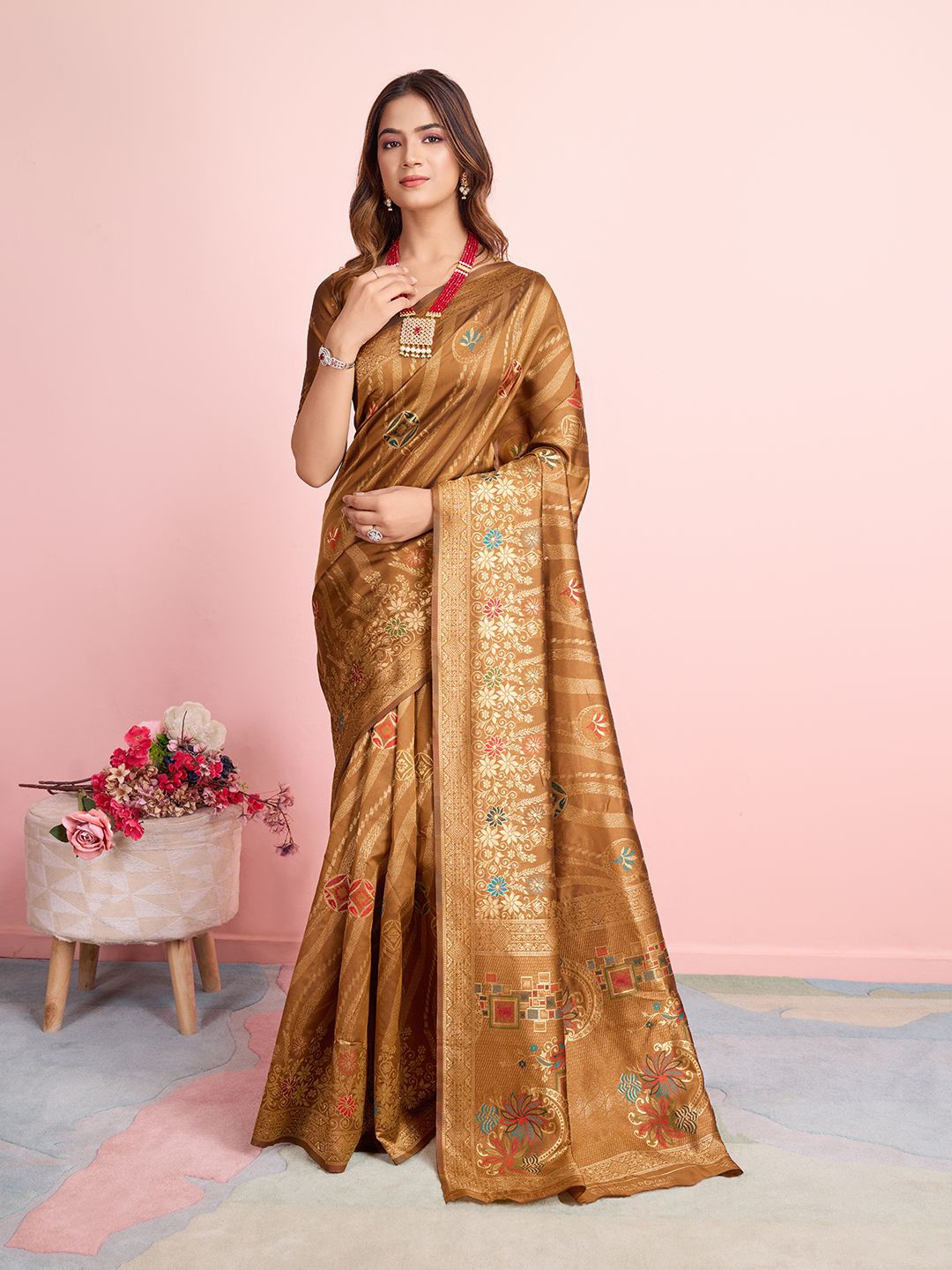 

RICH & ROMAN Woven Design Zari Banarasi Pure Silk Saree, Mustard