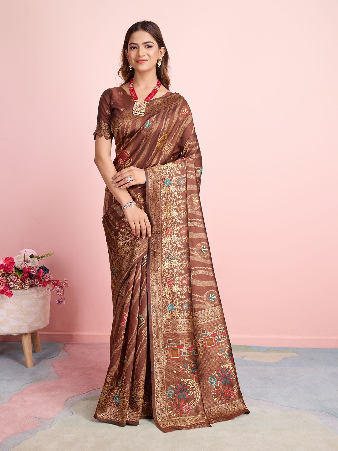 

RICH & ROMAN Ethnic Motif Zari Woven Pure Silk Saree, Coffee brown