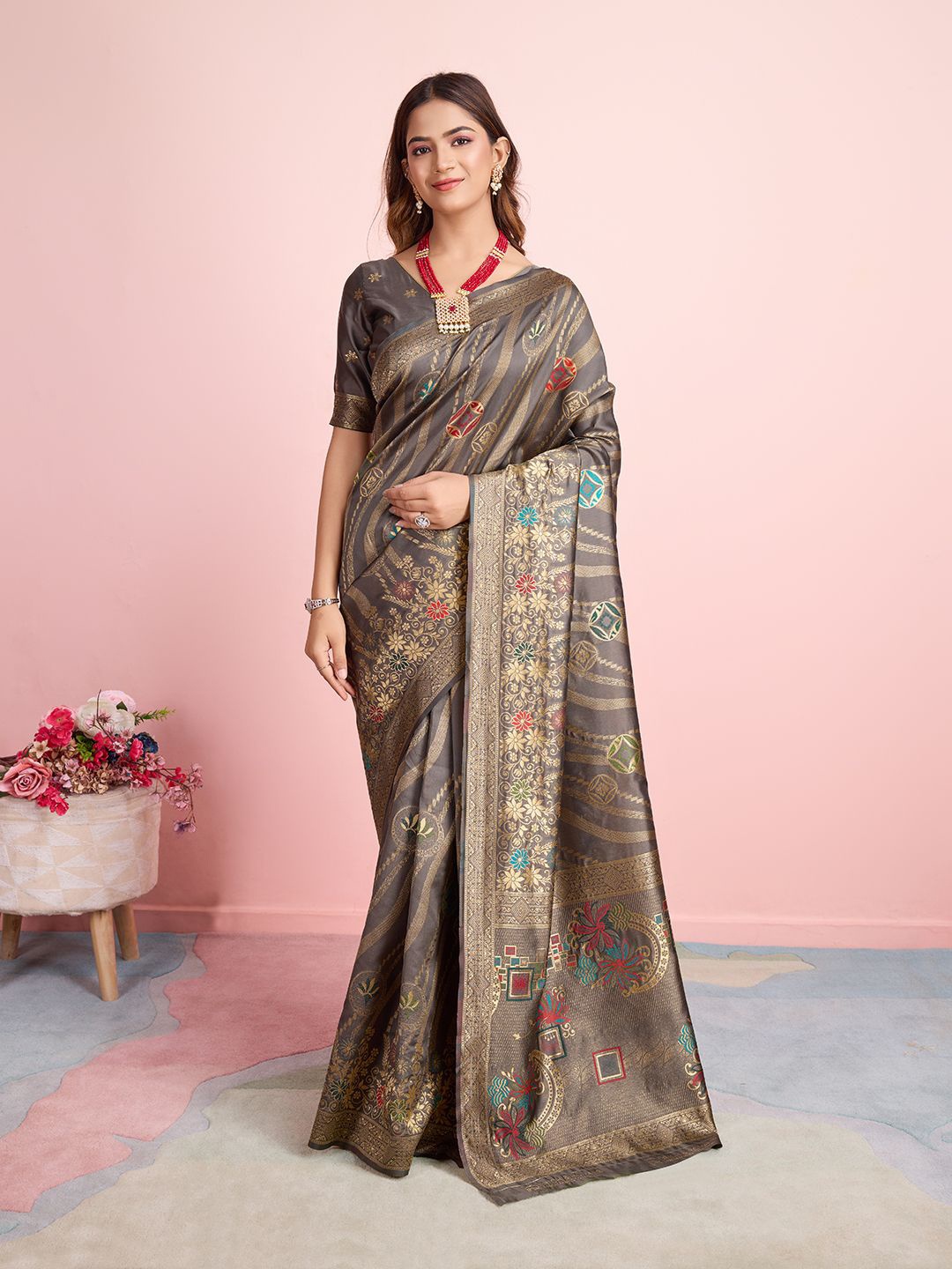 

RICH & ROMAN Ethnic Motif Zari Woven Pure Silk Saree, Grey